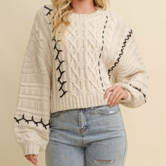 COMING SOON FALLING HARD CONTRAST CABLE KNIT SWEATER - Picture 1 of 3